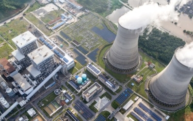 daytime aerial view of a power plant