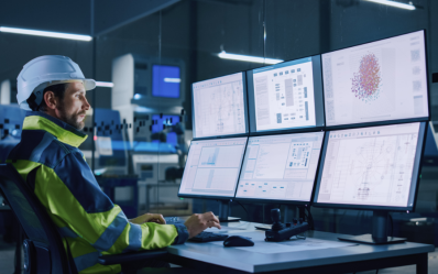 man wearing a hard hat and safety jacket sits in front of multiple computer screens