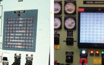 old annunciator panel on the left and the new, upgraded annunciator panel on the right